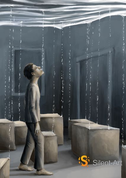 Figur in einem grauen Raum unter einer schwebenden Wasserfläche